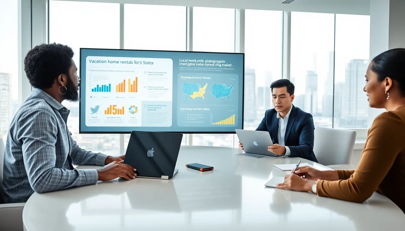 diverse team collaborating on vacation rental strategies in a modern office.