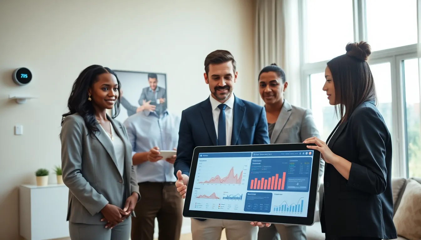 professionals discussing smart home security in a modern living room.