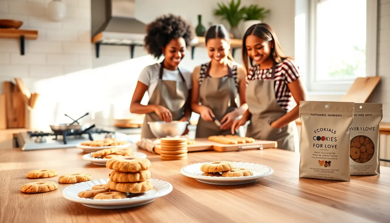 a diverse team baking cookies in a cozy kitchen.