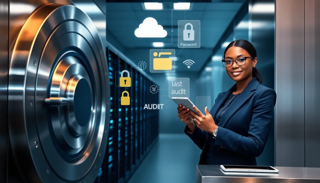 A professional at a modern vault door revealing servers, holographic icons, and a password app.