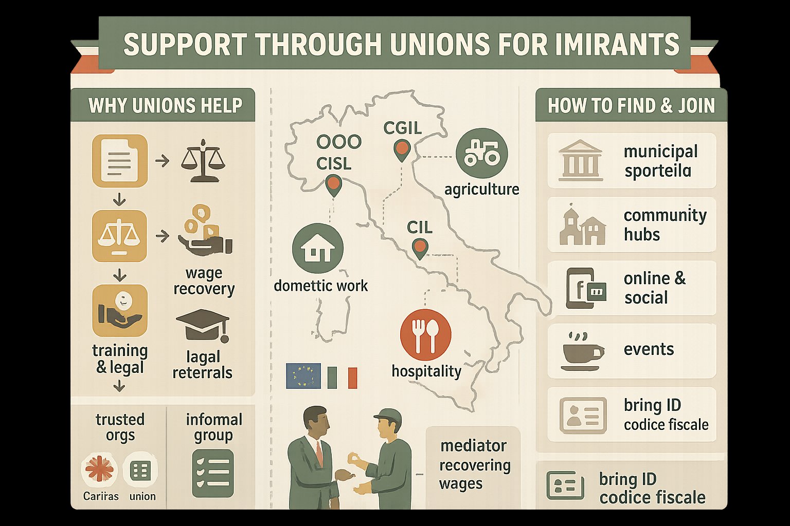 Infografica che mostra mappa italiana, sindacati, settori e passaggi per unirsi a gruppi locali di supporto per immigrati.