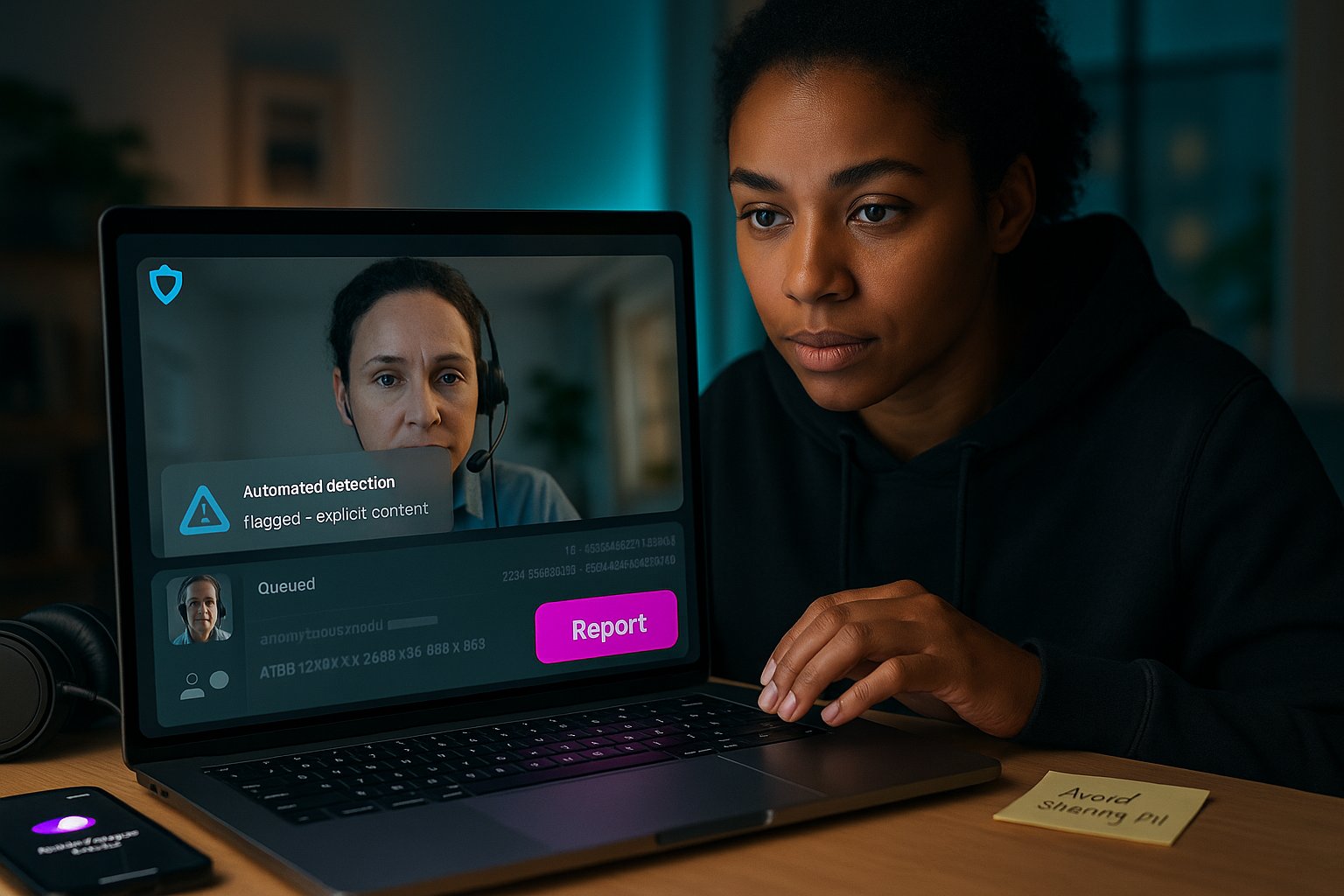 Person at laptop using anonymized video chat with moderation alerts visible.