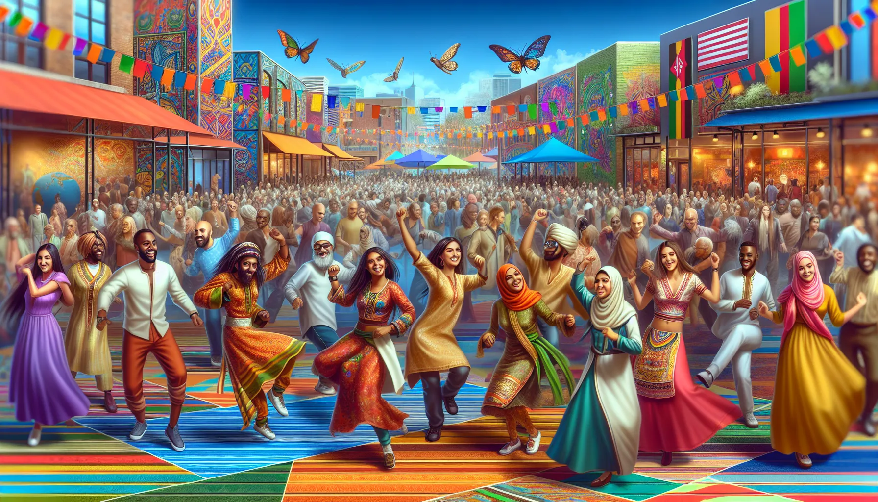 diverse group celebrating ашмук at a festival.