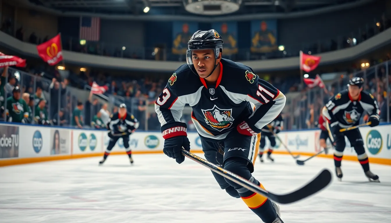 A young hockey player skillfully handling the puck during a fast-paced game.