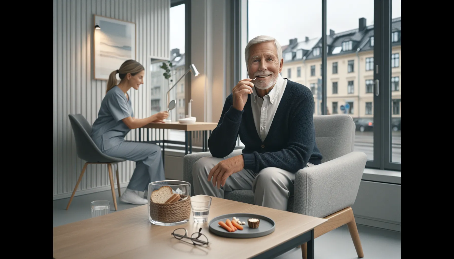 Elderly man in a norwegian clinic smiling, holding mirror beside healthy foods.
