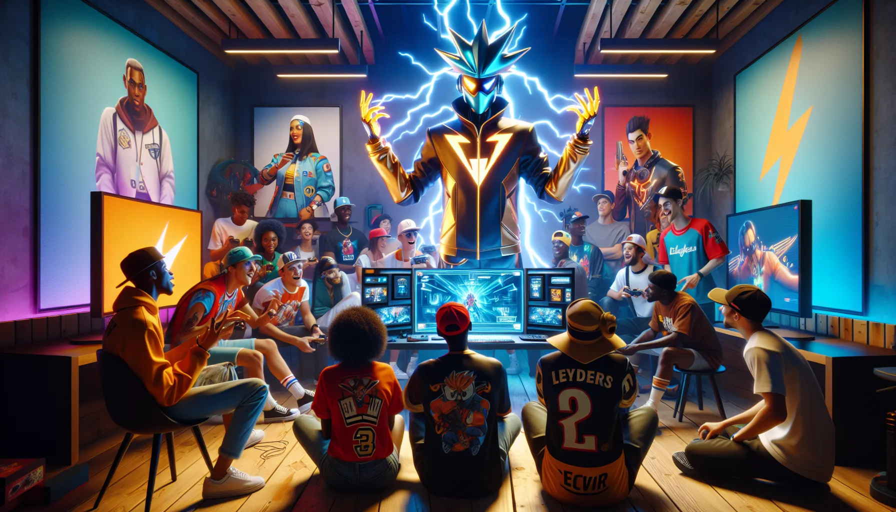 diverse Pok&eacute;mon fans enjoying Iono's character in a modern gaming space.