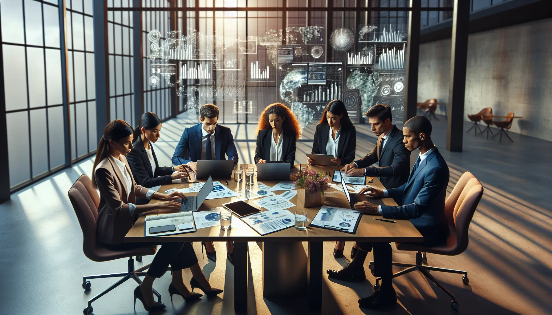 diverse professionals collaborating on research in a modern office.