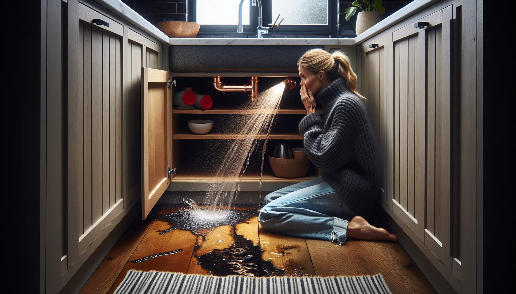 Har du lekkasje? Når bør du kontakte en rørlegger umiddelbart 2 Norwegian homeowner shuts valve as water sprays from burst kitchen pipe.