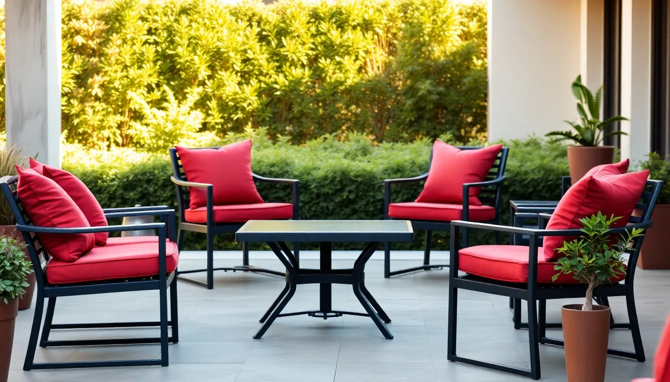modern outdoor patio with heavy duty furniture and colorful cushions.