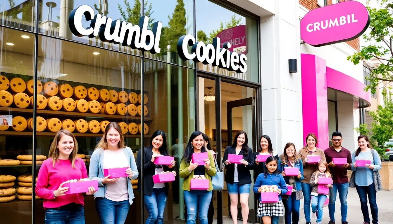 Crumbl Cookies storefront with happy customers enjoying cookies.