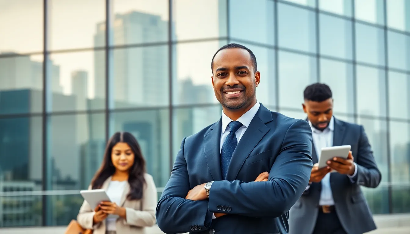 Timothy Williams in front of Homerocketrealty's modern office with diverse team members.