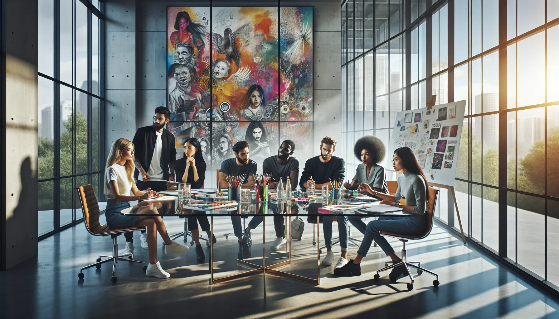 diverse team collaborating in a bright, creative workspace.