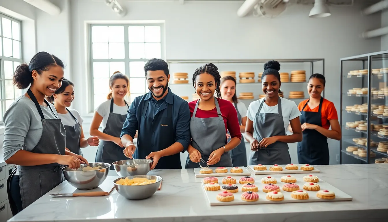 diverse bakers preparing cookies in a modern bakery.