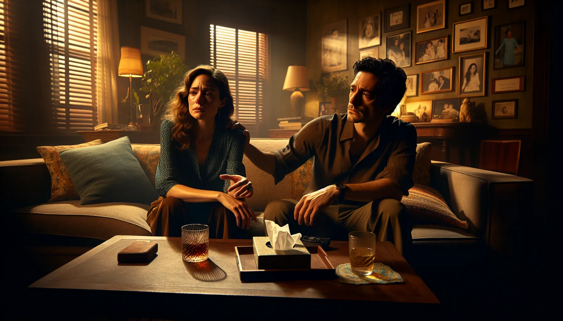 a couple in emotional distress discussing infidelity in a cozy living room.