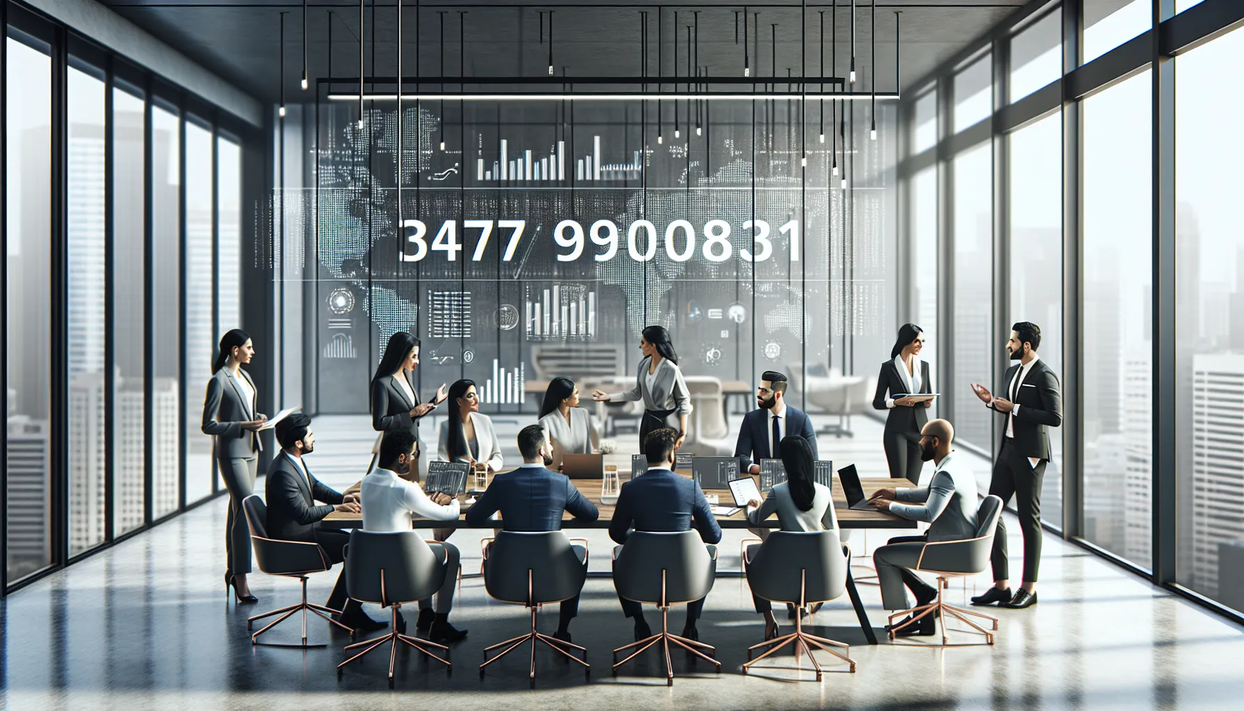 diverse professionals discussing numbers in a modern office setting.