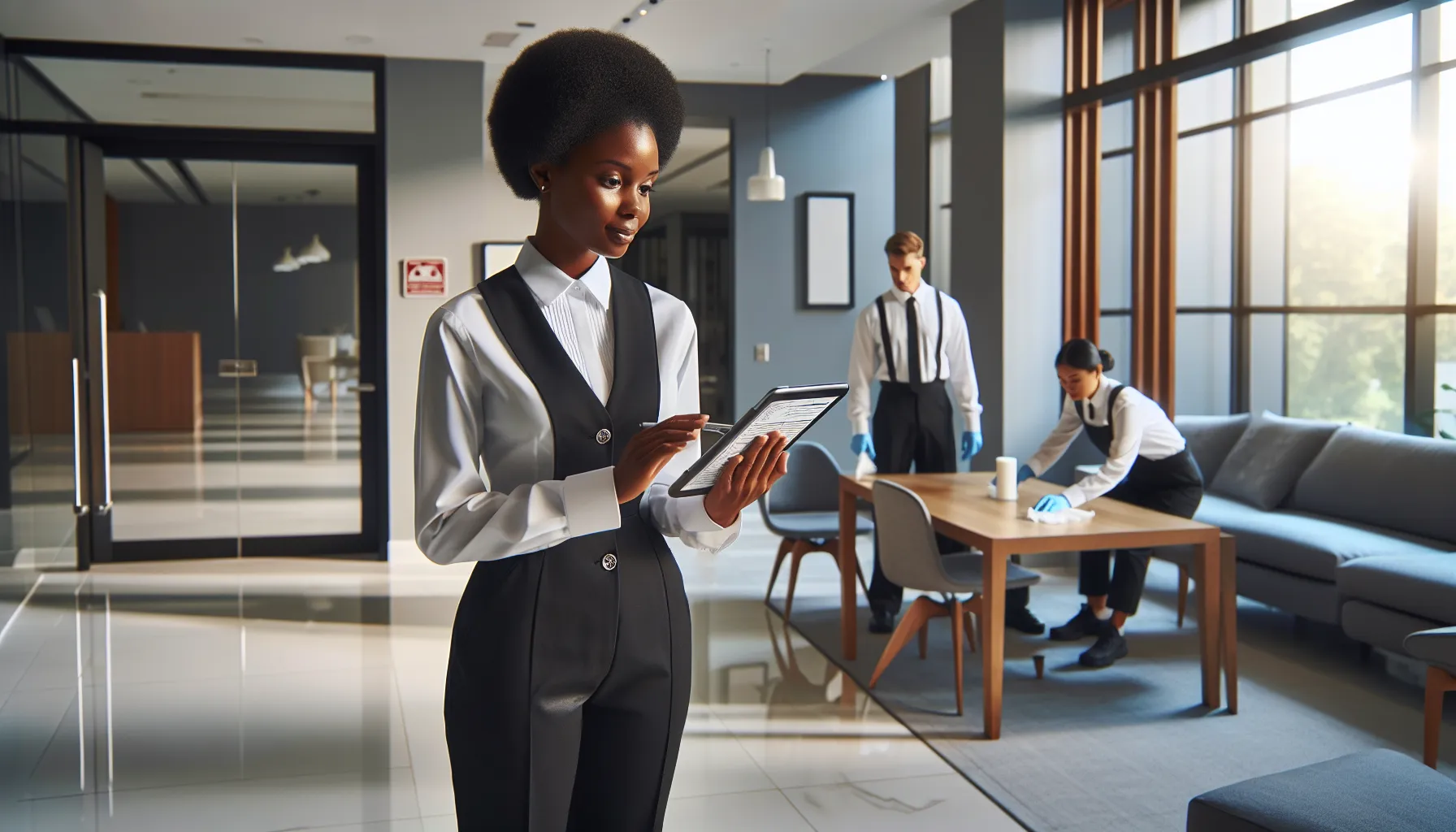 Supervisor checking cleaning checklist in a modern office.