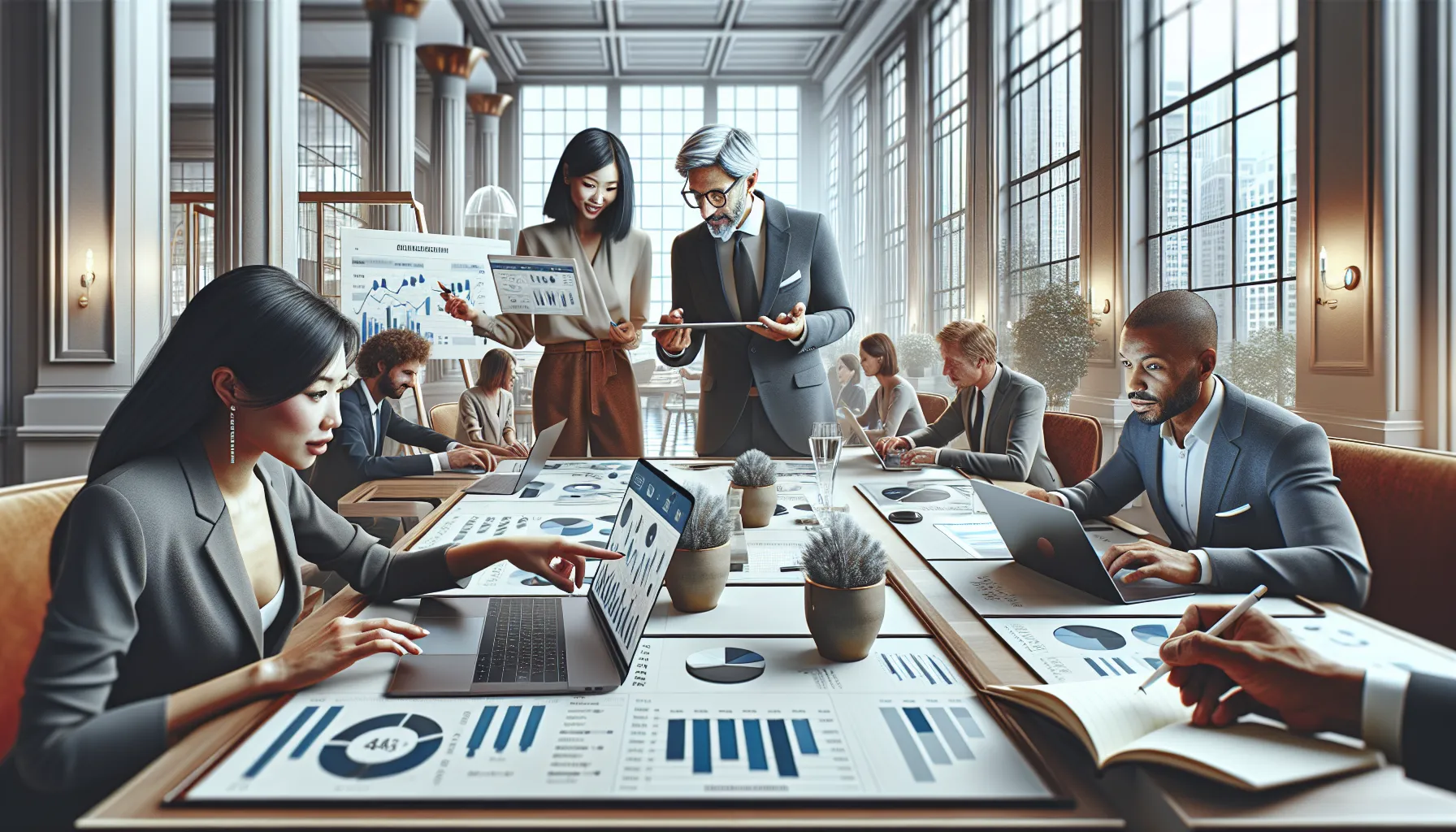 diverse team discussing social media strategy in a modern office.