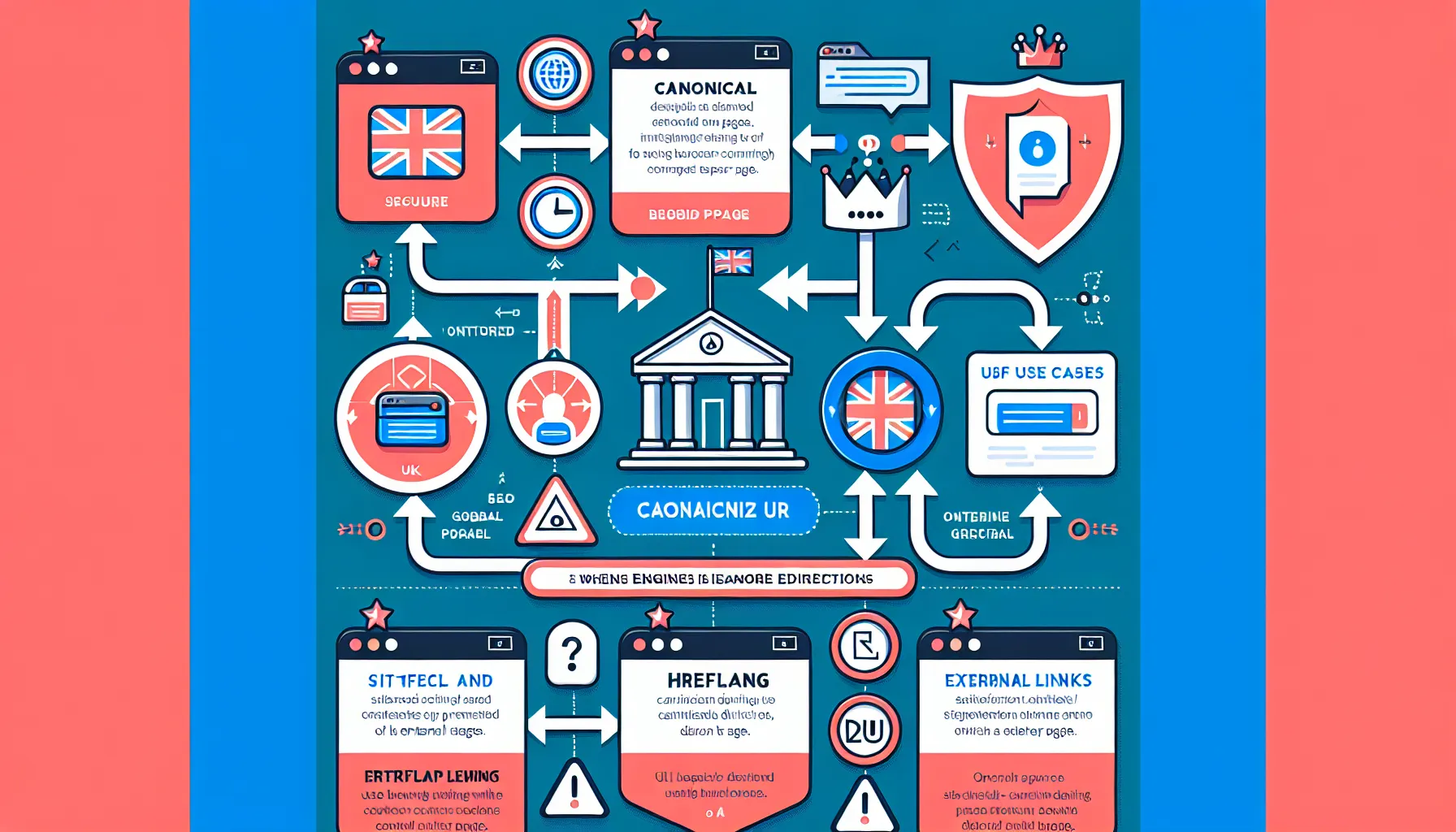 UK-themed infographic explaining SEO canonical tags, redirects, noindex, and consistency pitfalls.