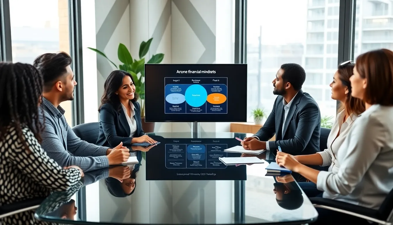 diverse team discussing financial mindset in a modern office.
