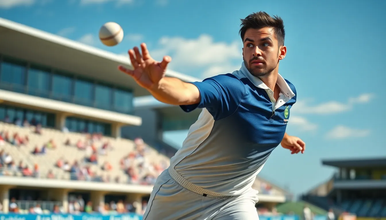 fast bowler delivering a ball on a cricket pitch in a stadium.