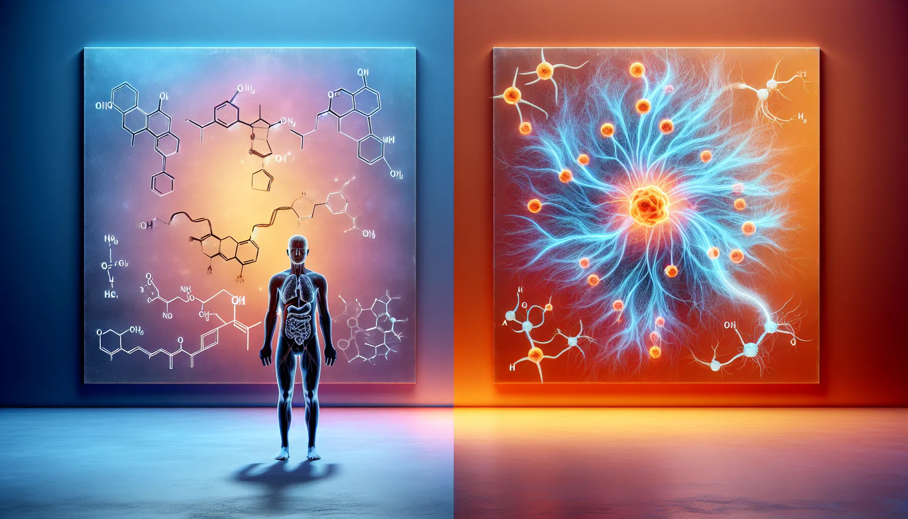 Comparison of Vyvanse and Adderall mechanisms of action through artistic scientific visuals.