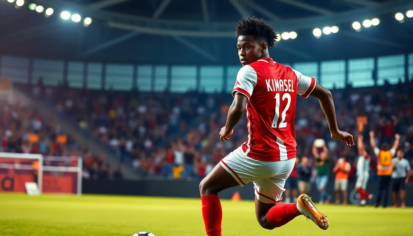Neldanos Kimsel dribbling a soccer ball in a vibrant stadium.