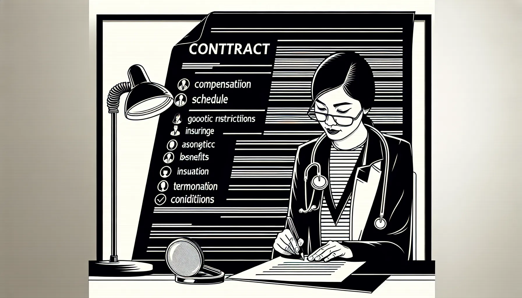 Physician at desk examining a contract with checklist and small icons with Resident and Fellow Contract Review