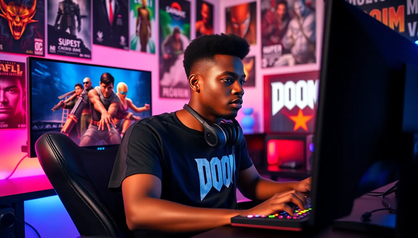 a young gamer focused on playing a PC game in a vibrant setup.