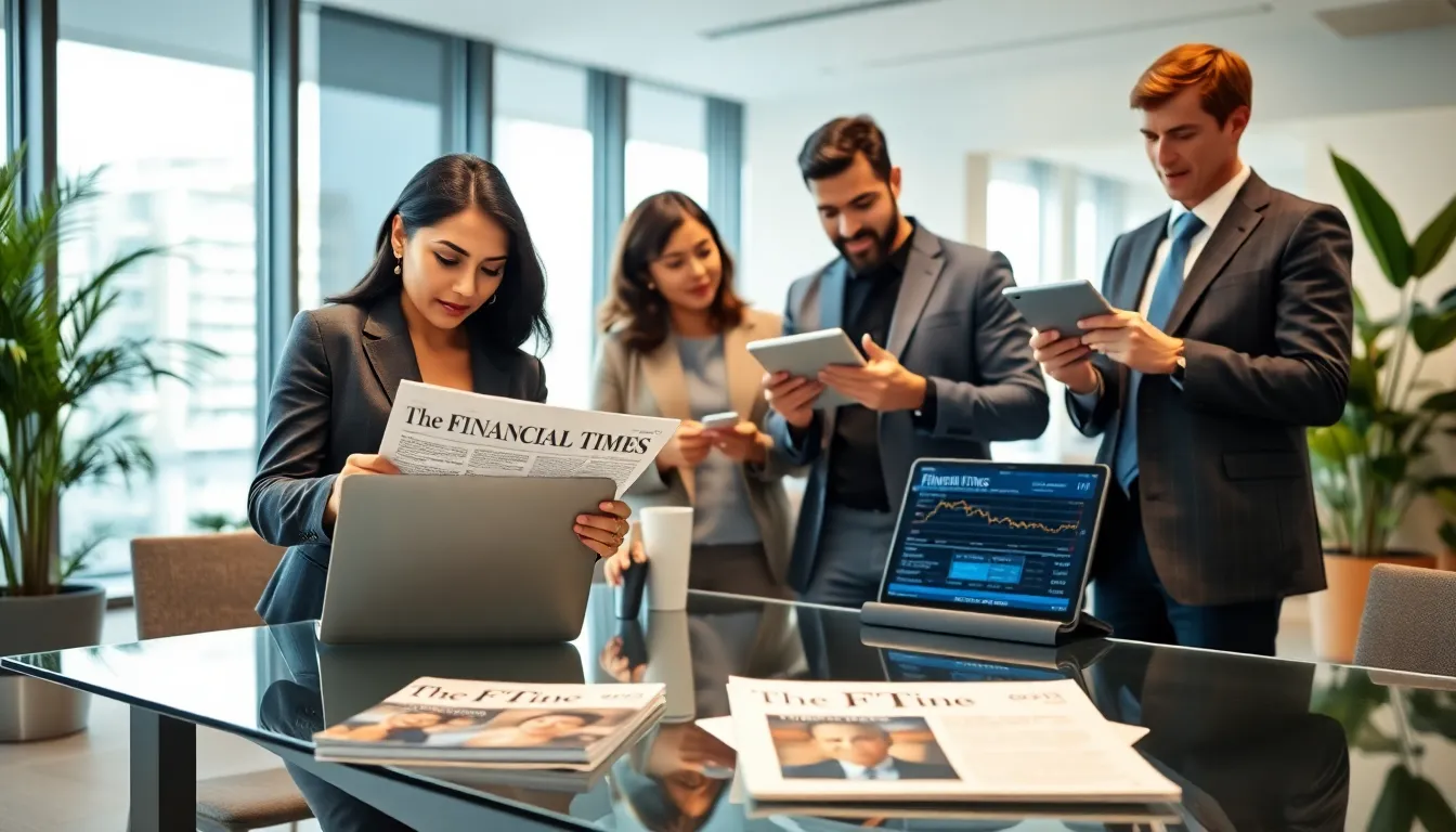 diverse professionals discussing Financial Times subscriptions in a modern office.