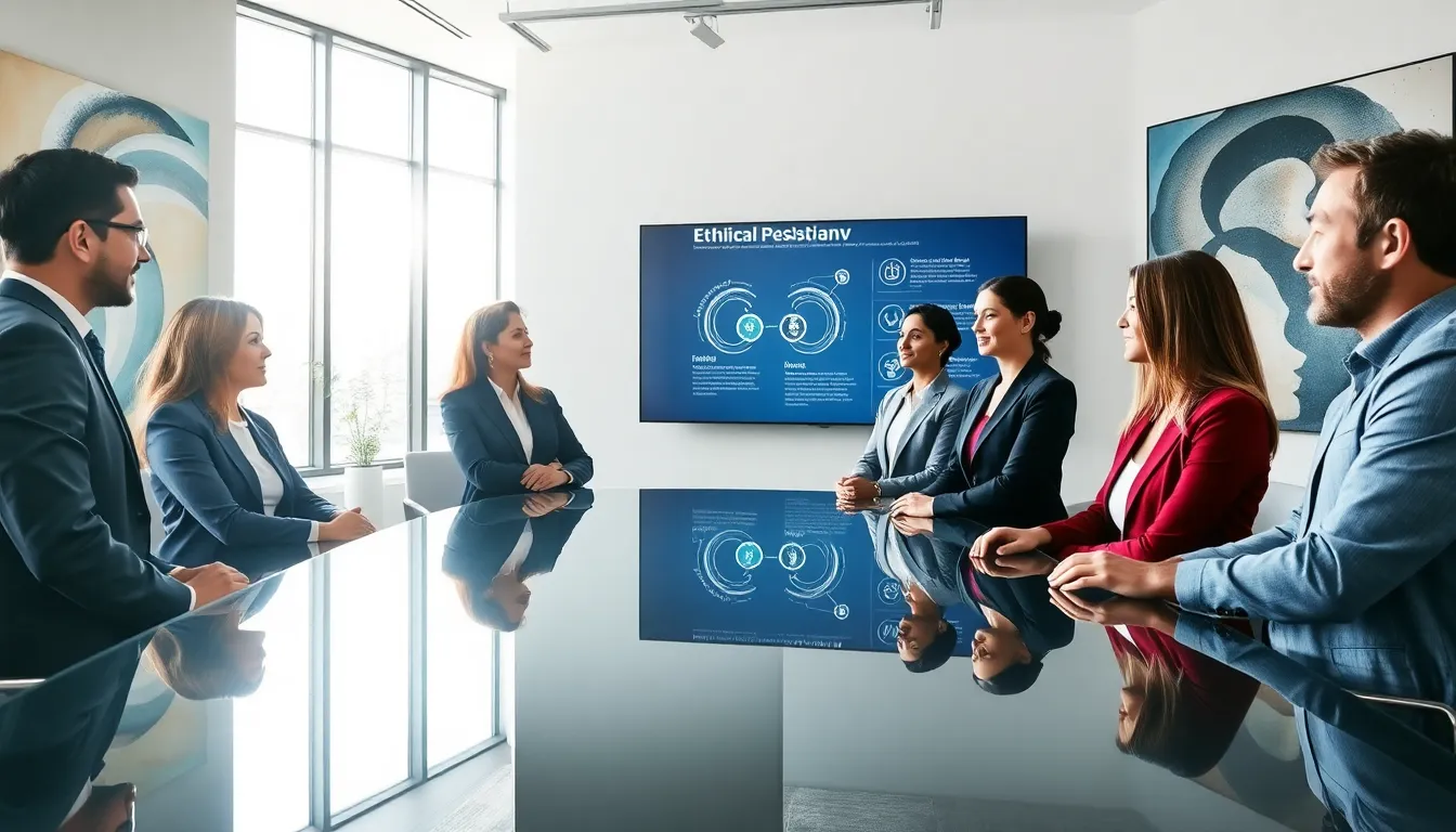 diverse professionals discussing ethical decision-making in an office.