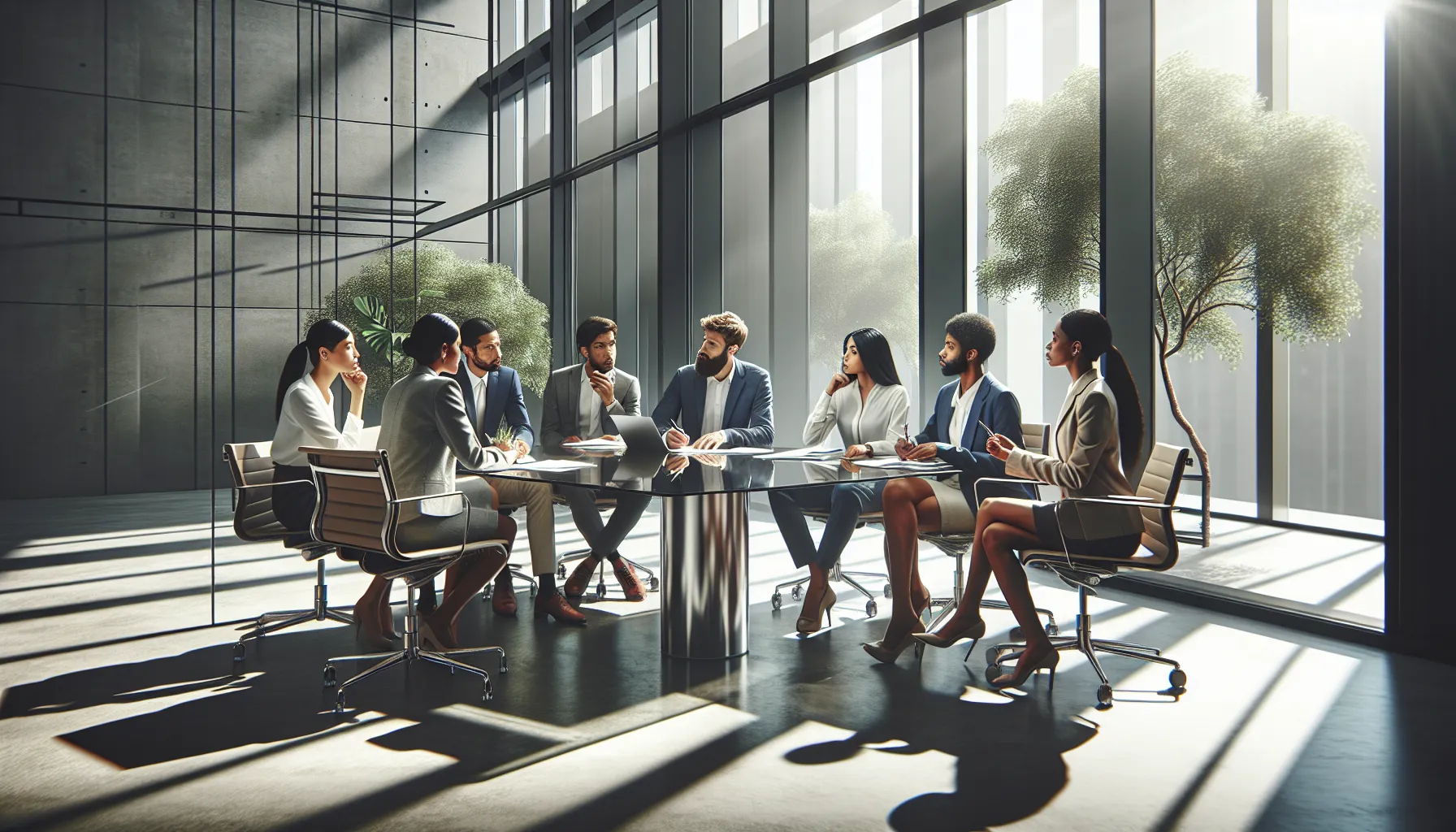 diverse team discussing mindfulness and sustainability in a modern office.