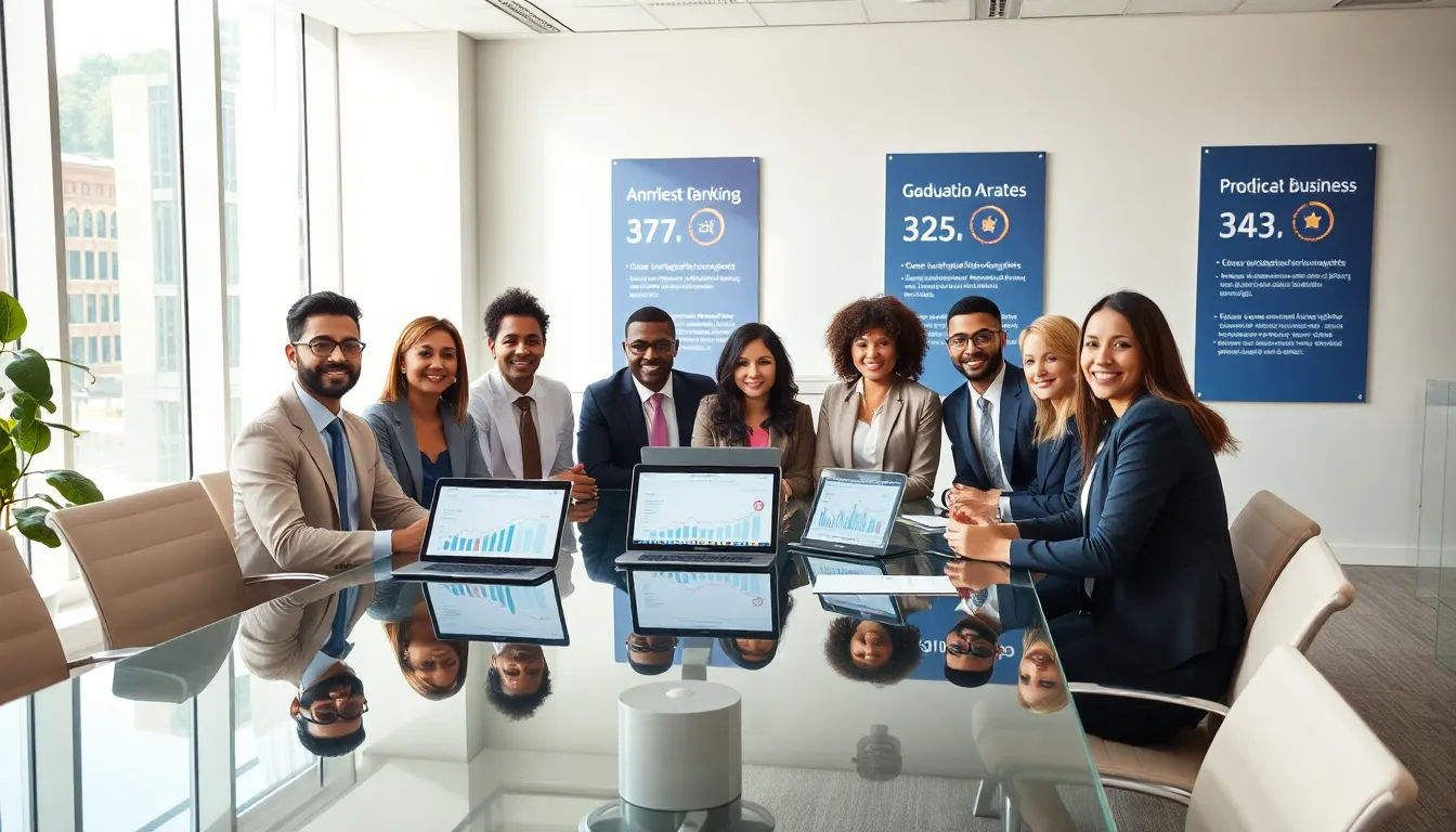 diverse professionals discussing undergraduate business rankings in a modern office.