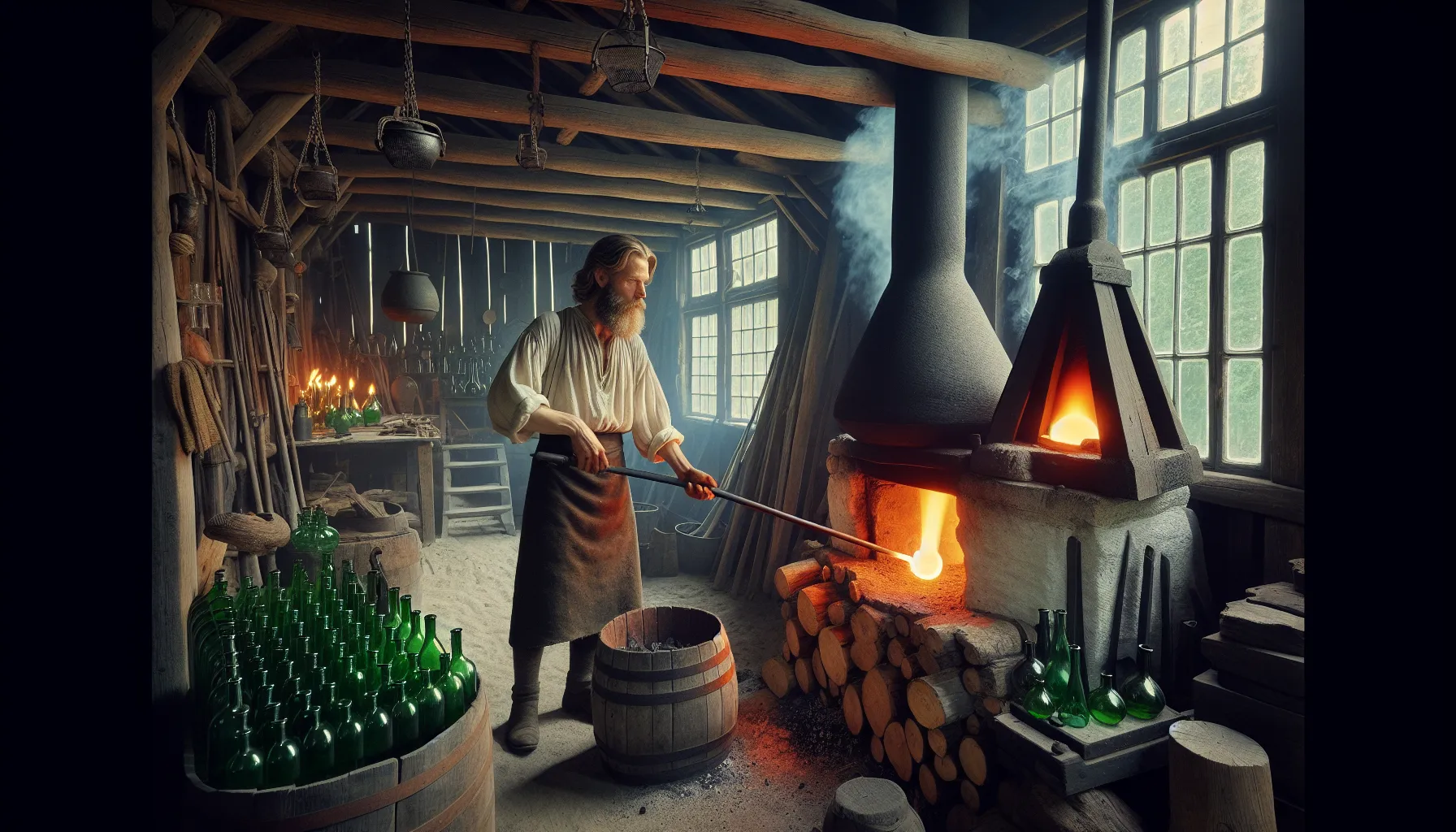 Norwegian glassblower shapes molten glass beside a pot furnace in 1800s workshop.