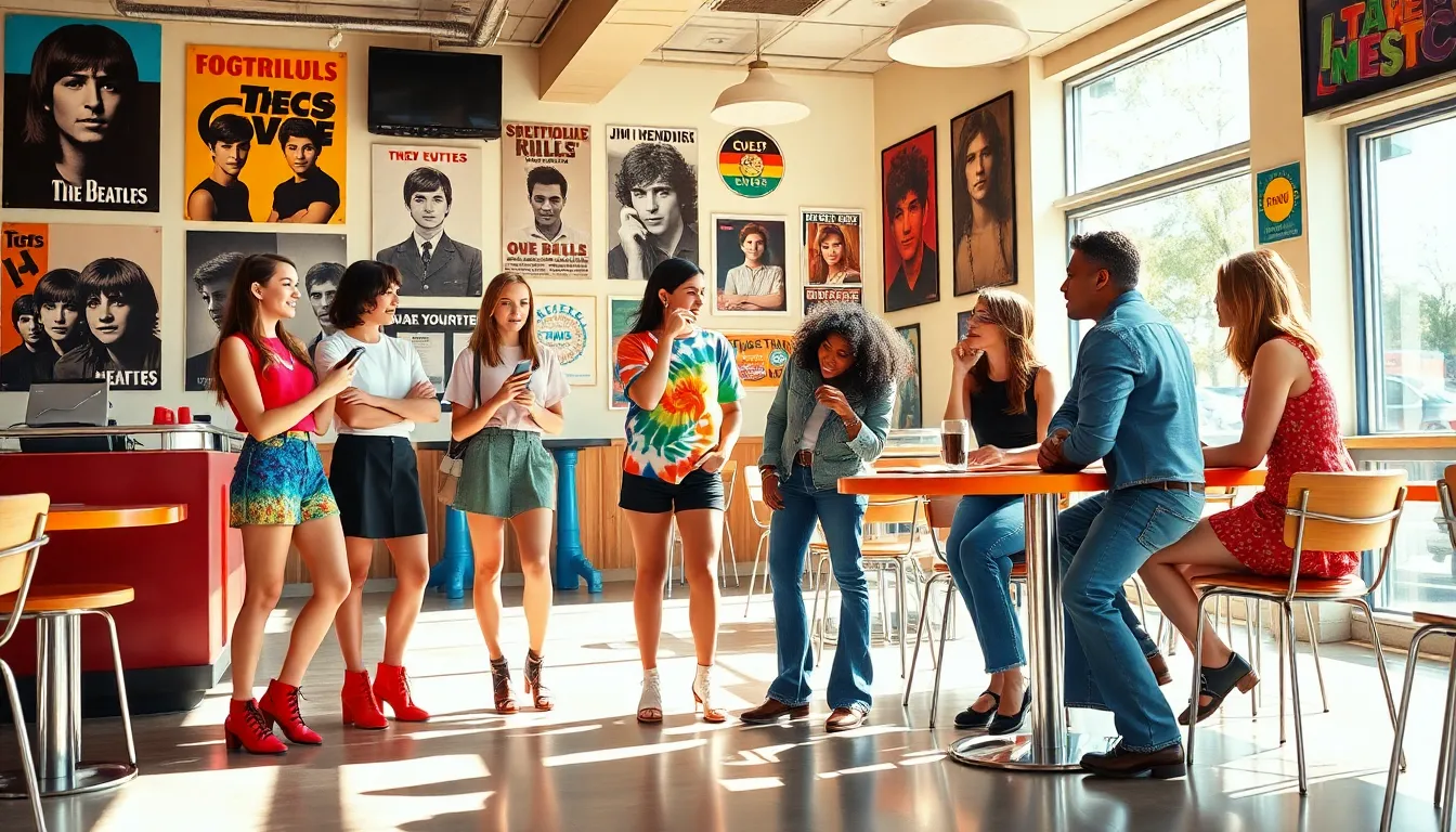 Diverse group of young adults embodying 60s youth culture in a vibrant café.