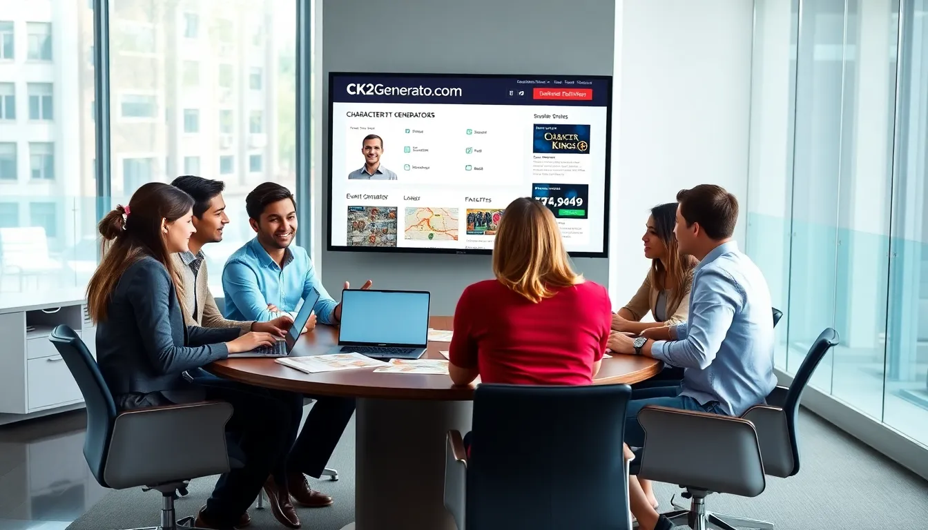 professionals collaborating over a computer in a modern office.