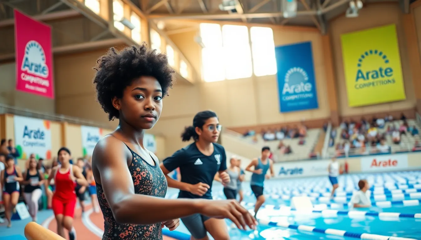 athletes competing in an indoor sports arena during Arate Competitions.