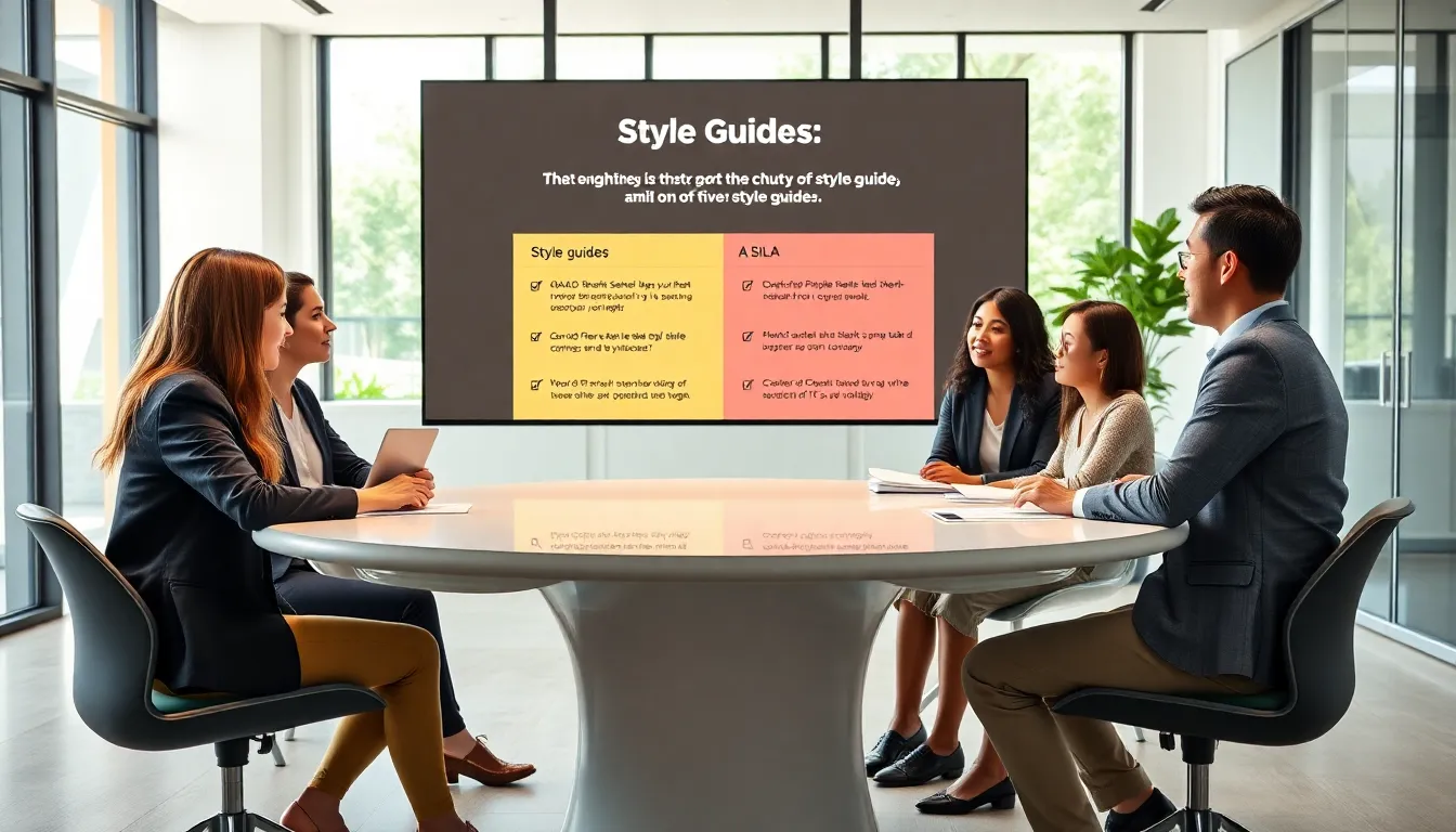 professionals discussing style guides in a modern office setting.