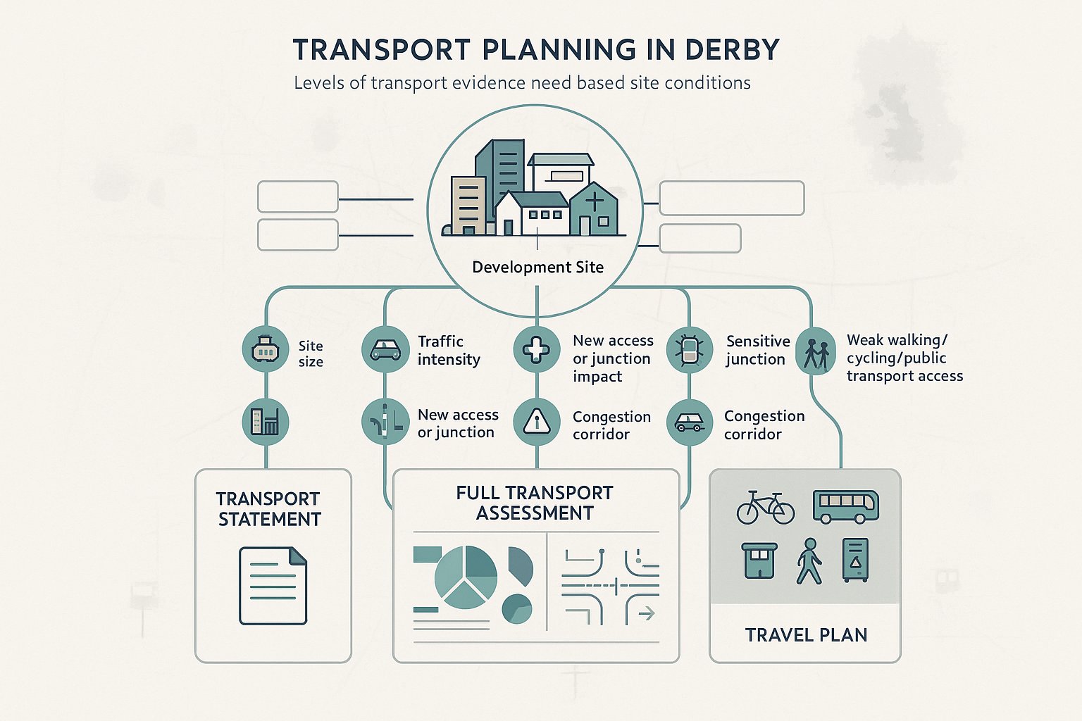 Decision infographic for Derby transport planning documents by development type and impact.