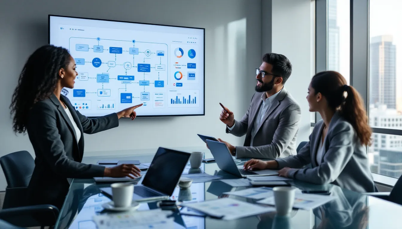 Diverse business team collaborating around laptops displaying automation workflows in modern office.