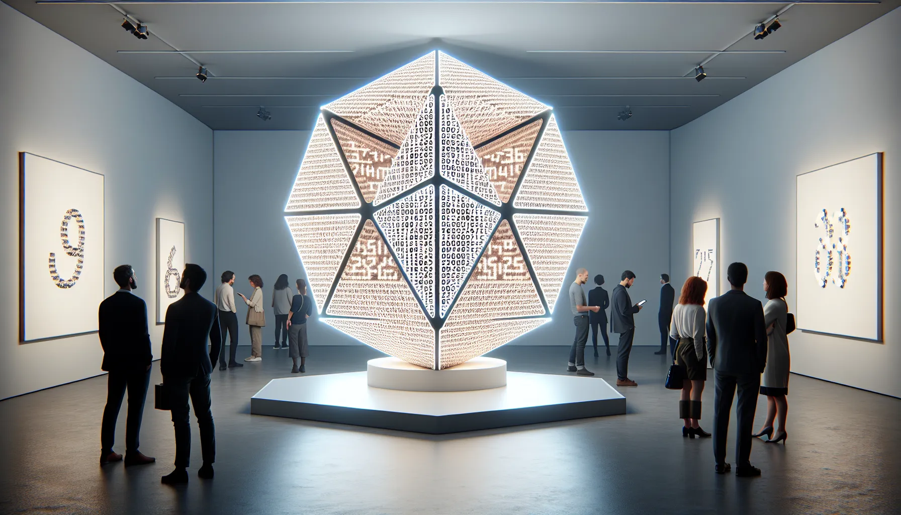 art installation with a hexadecagon and diverse viewers discussing cryptography.