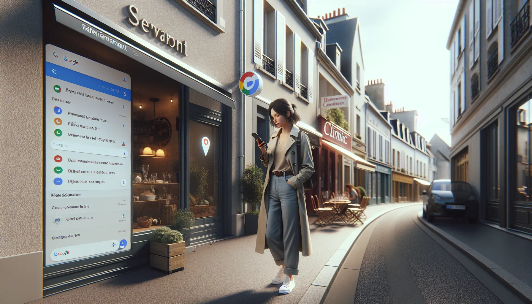 Woman in Servon using her smartphone to search for nearby local businesses on Google.