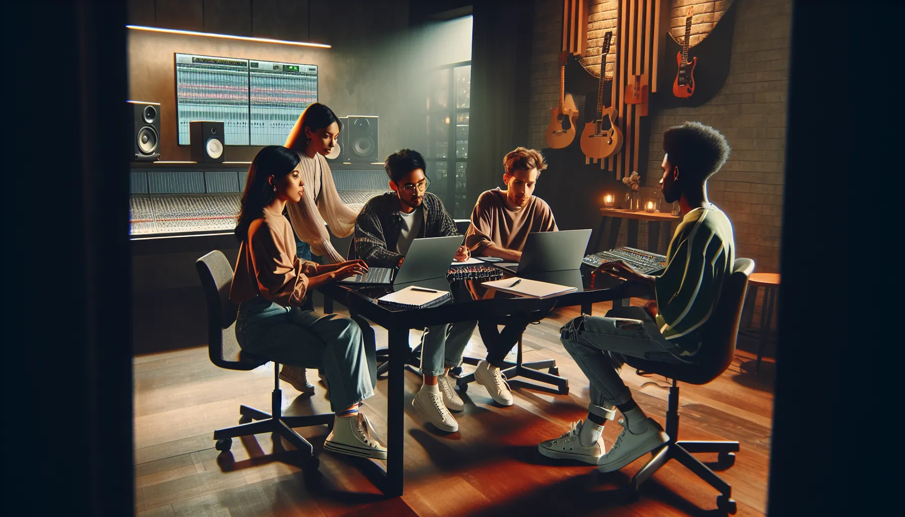 diverse group collaborating in a modern music studio.