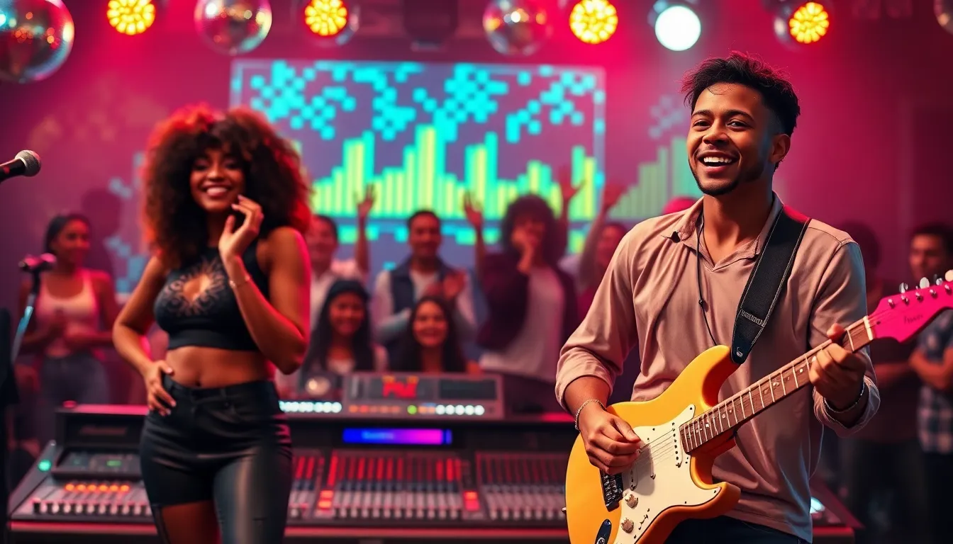 diverse musicians performing at a vibrant pop music concert.