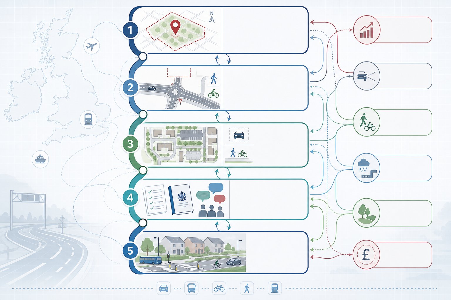 Infographic of continuous transport planning stages across the UK planning process.