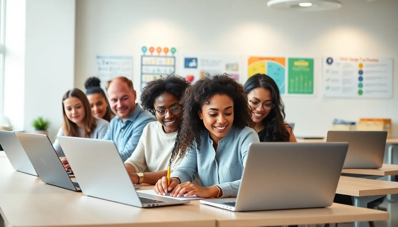diverse adults participating in an online child development class.