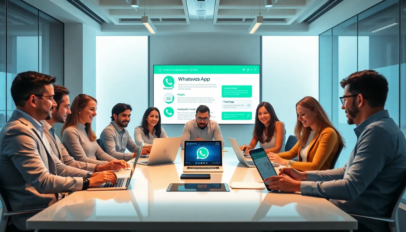 team discussing updates to WhatsApp in a modern office.