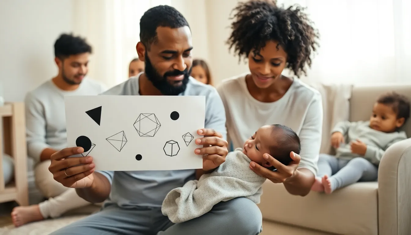 parents engaging with newborns using high contrast images.