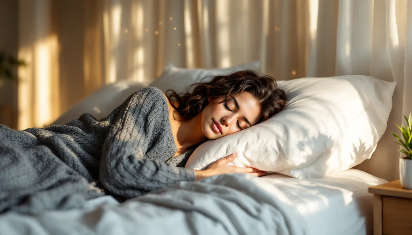 A woman peacefully sleeping in a sunlit bedroom at dawn.