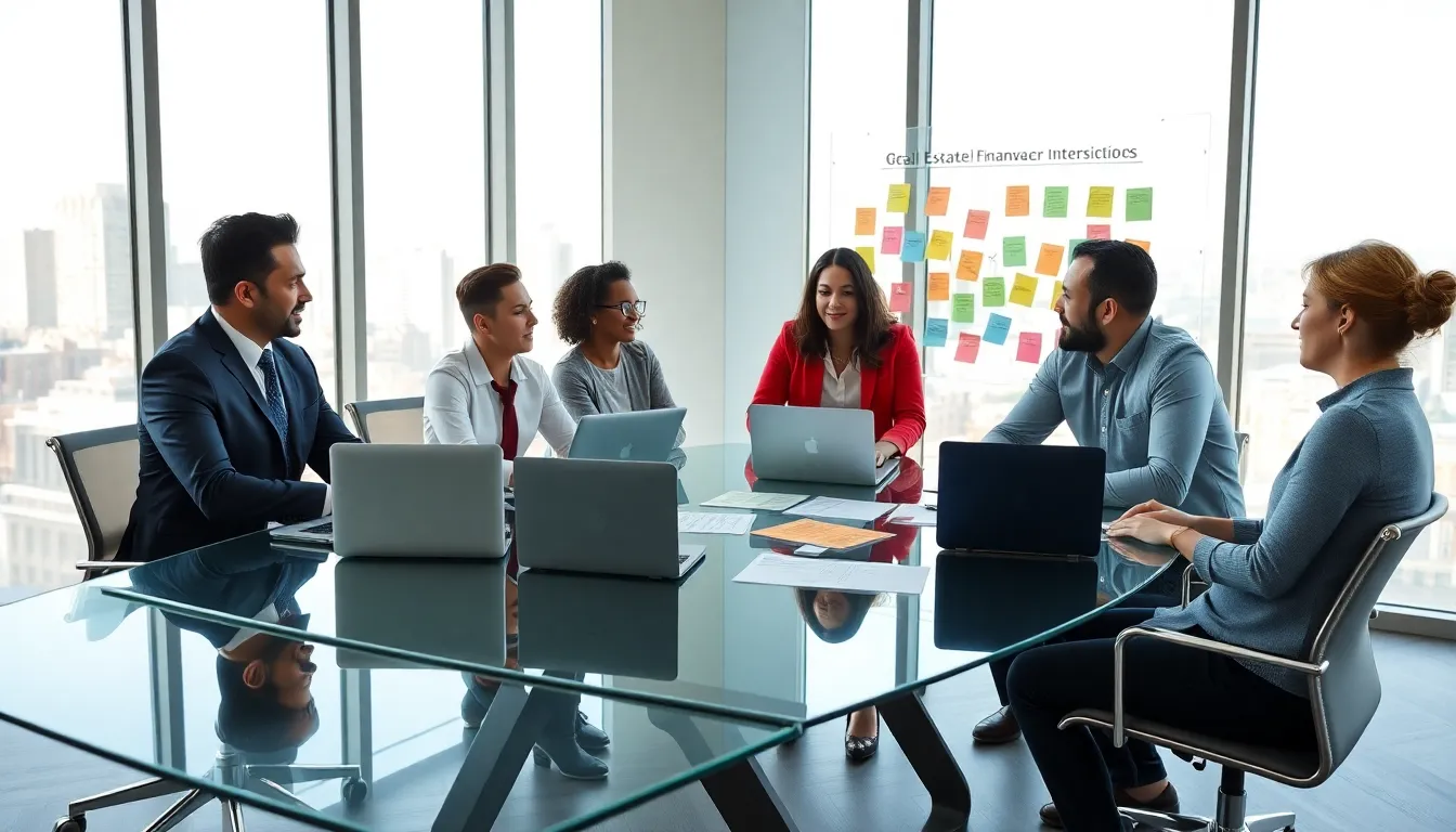 diverse team discussing creative real estate investing strategies in an office.