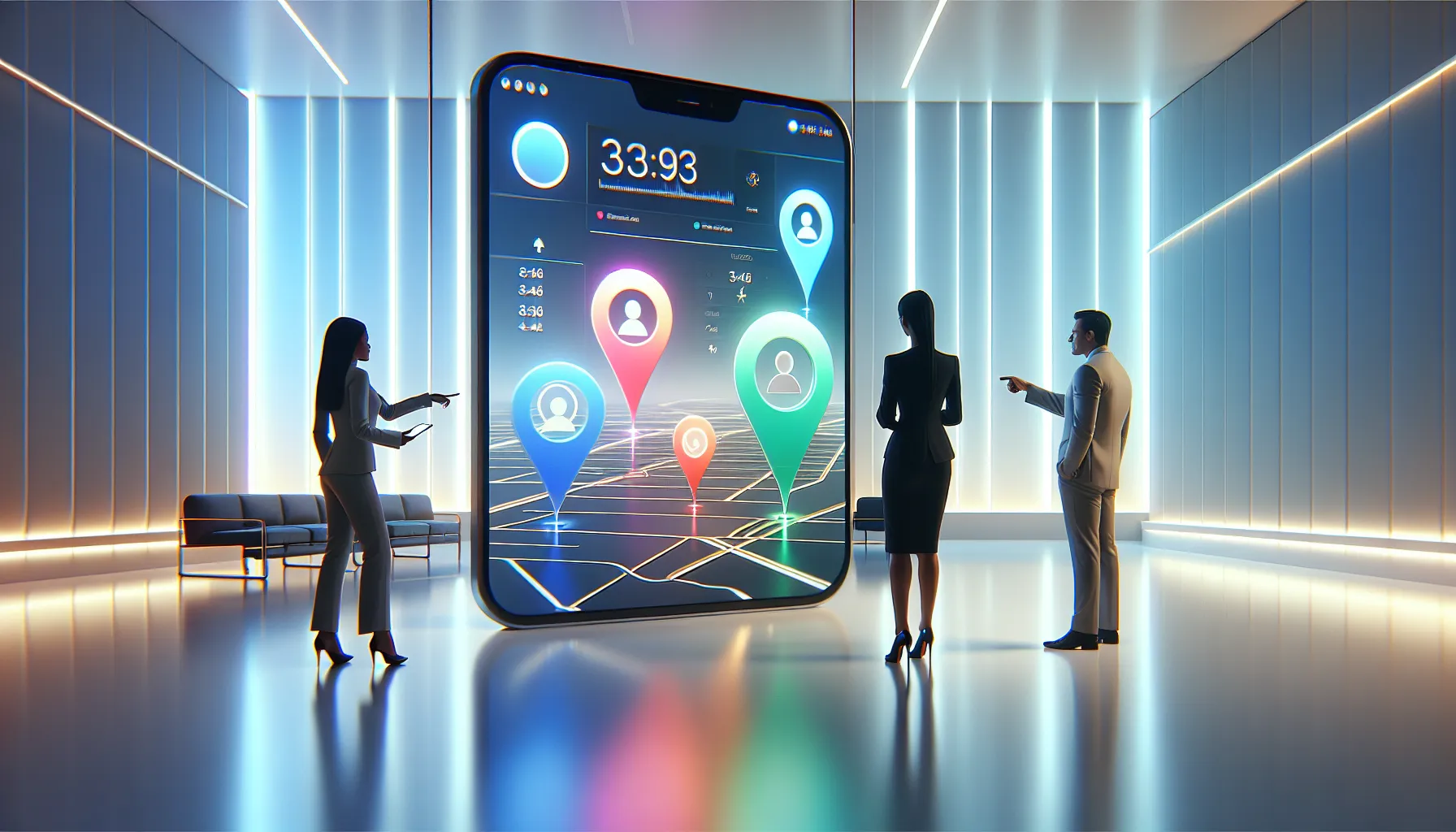 Life360 app with colorful bubbles and a diverse team in a modern office.